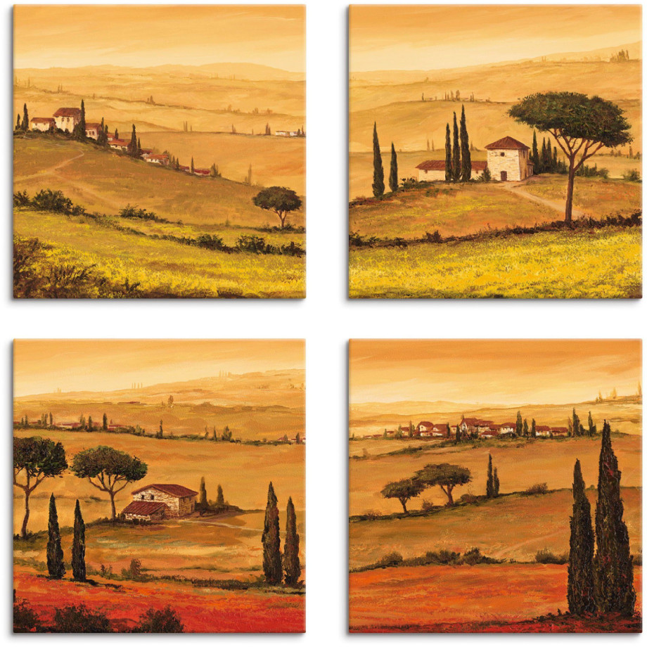 Artland Artprint op linnen Knollenland en veld klaprozen Toscaans landschap (4-delig) afbeelding 1