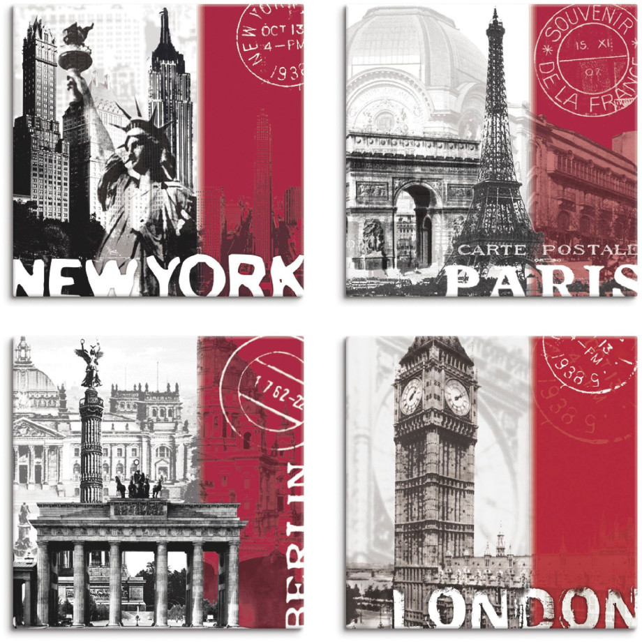 Artland Artprint op linnen New York Parijs Berlijn London_bordeauxrood (4-delig) afbeelding 1