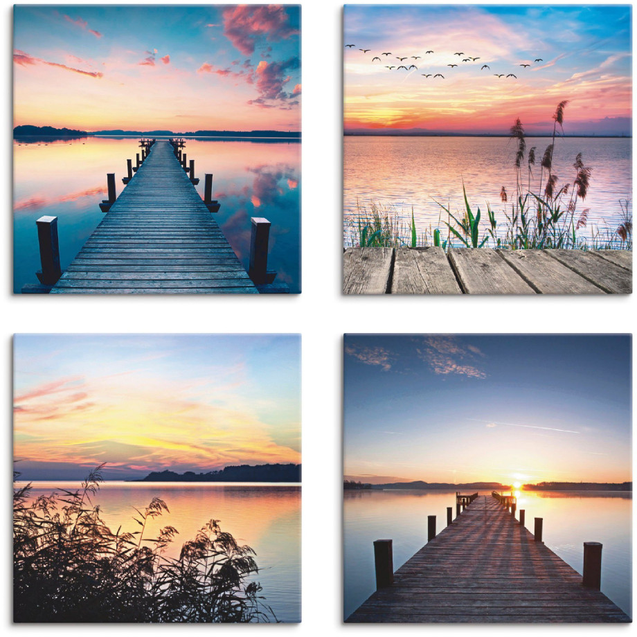 Artland Artprint op linnen Pier meer avondrood riet zonnestralen (4-delig) afbeelding 1