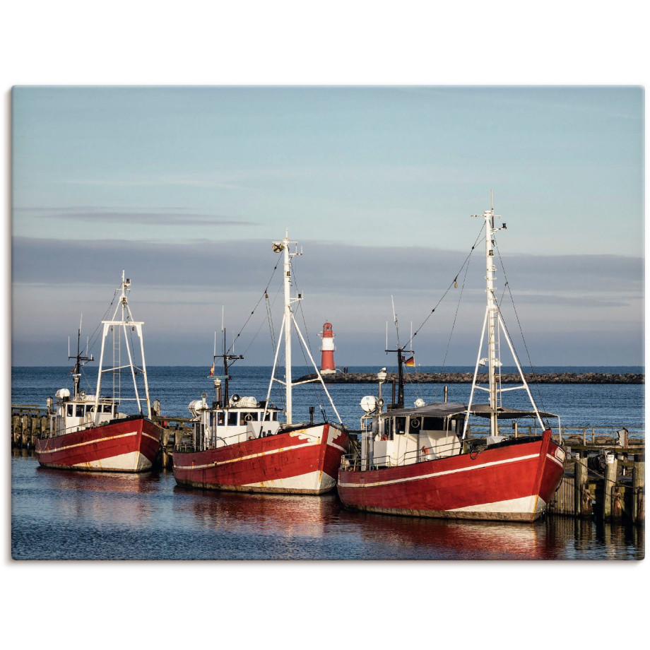 Artland Artprint op linnen Vissersboten en pier in Warnemünde afbeelding 1