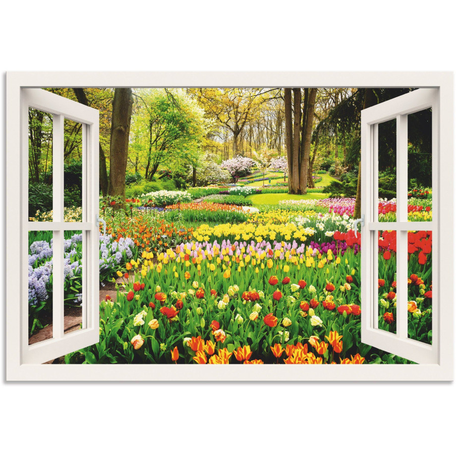 Artland Artprint Raamzicht tulpen tuin lente als artprint van aluminium, artprint voor buiten, artprint op linnen, poster, muursticker afbeelding 1