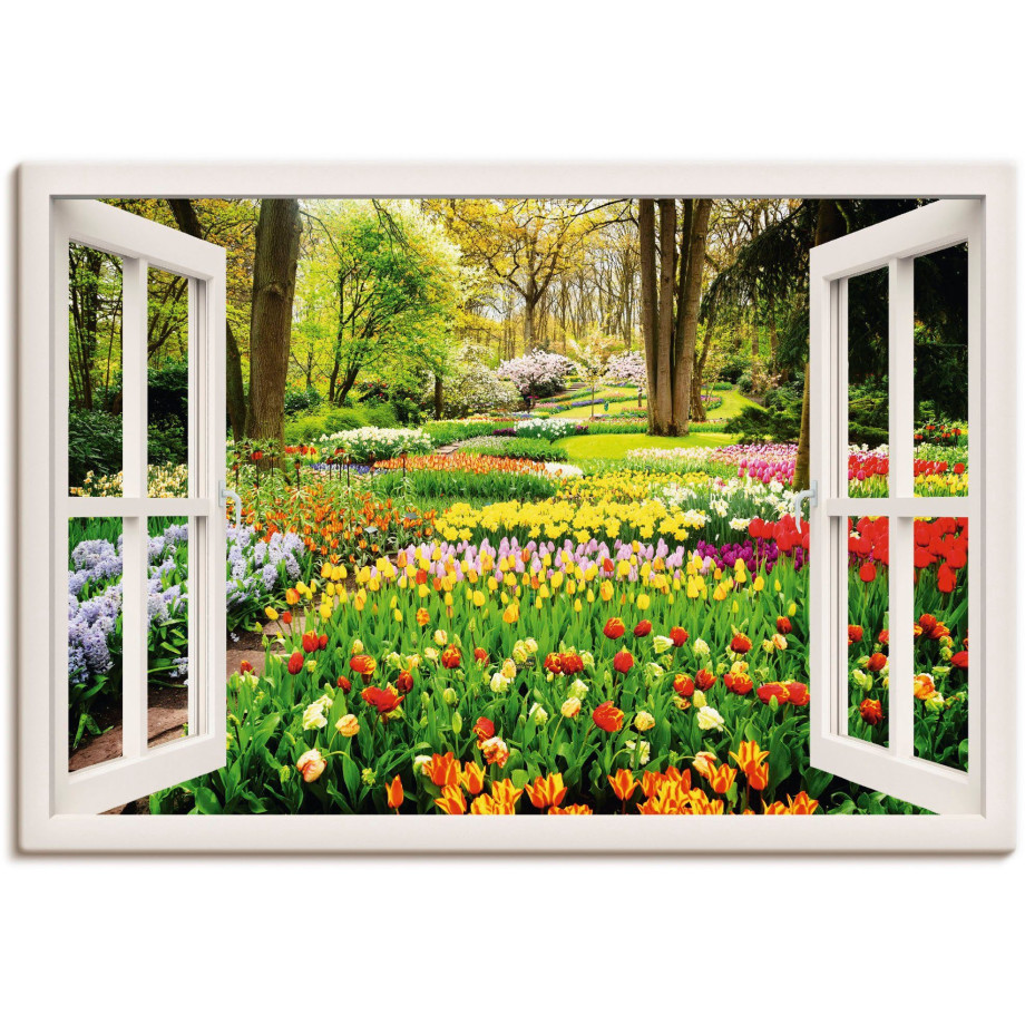 Artland Artprint Raamzicht tulpen tuin lente als artprint van aluminium, artprint voor buiten, artprint op linnen, poster, muursticker afbeelding 1