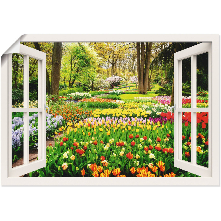 Artland Artprint Raamzicht tulpen tuin lente als artprint van aluminium, artprint voor buiten, artprint op linnen, poster, muursticker afbeelding 1