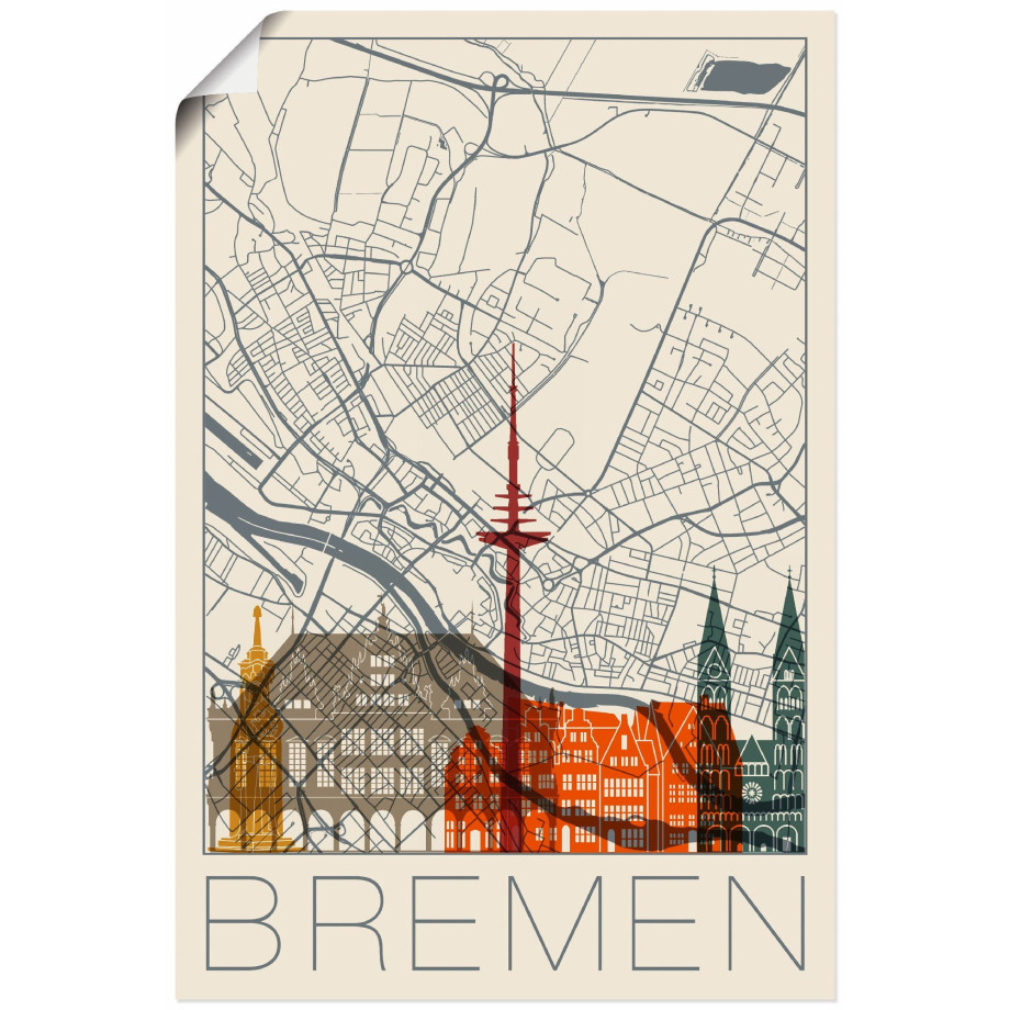 Artland Artprint Retro kaart Bremen als artprint van aluminium, artprint voor buiten, poster in diverse formaten afbeelding 1