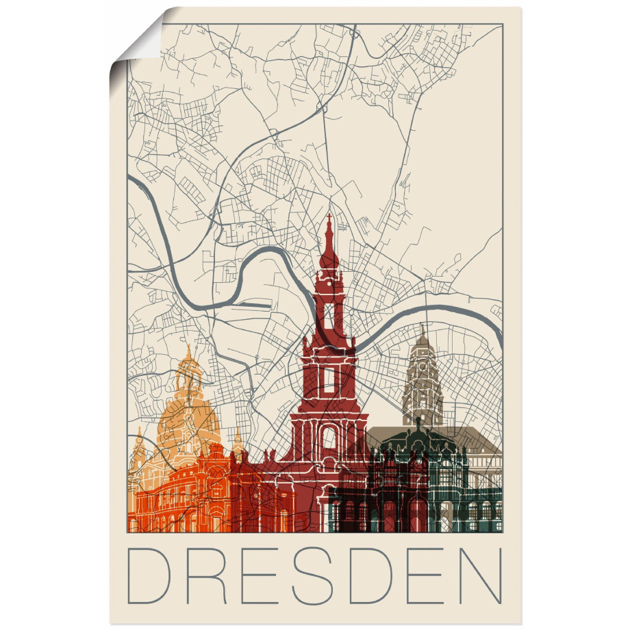 Artland Artprint Retro kaart Dresden als artprint van aluminium, artprint op linnen, muursticker of poster in verschillende maten afbeelding 1