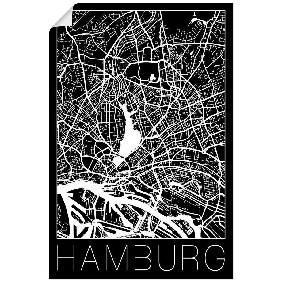 Artland Artprint Retro kaart Hamburg Duitsland zwart als artprint van aluminium, artprint voor buiten, artprint op linnen, poster in verschillende maten. maten afbeelding 1