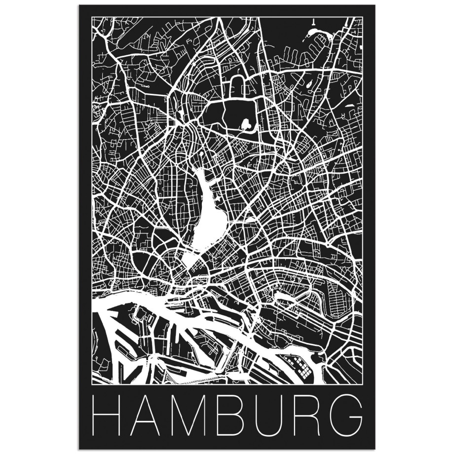 Artland Artprint Retro kaart Hamburg Duitsland zwart als artprint van aluminium, artprint voor buiten, artprint op linnen, poster in verschillende maten. maten afbeelding 1