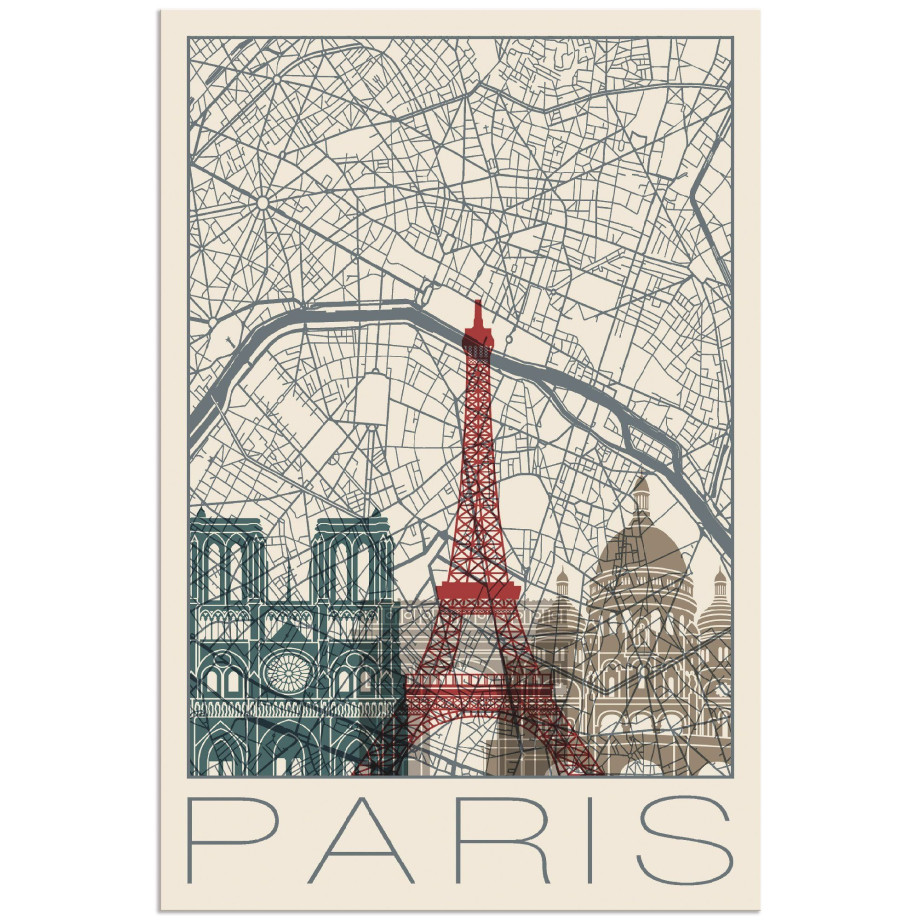 Artland Artprint Retro kaart Parijs Frankrijk en skyline als artprint van aluminium, artprint voor buiten, poster in diverse formaten afbeelding 1