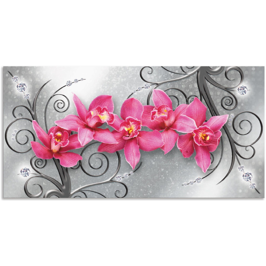 Artland Artprint Roze pioenrozen in glazen vaas - Roze orchideeën op ornamenten als artprint van aluminium, artprint voor buiten, artprint op linnen, poster, muursticker afbeelding 1