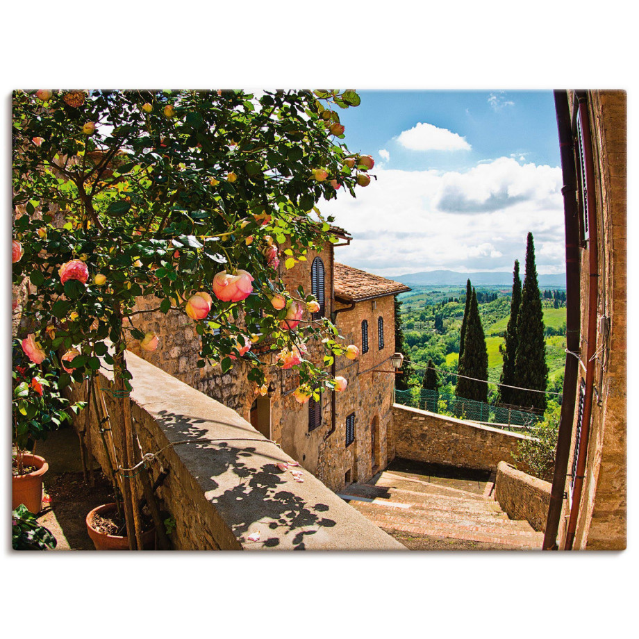 Artland Artprint Rozen op balkon Toscaans landschap als artprint van aluminium, artprint voor buiten, artprint op linnen, poster, muursticker afbeelding 1