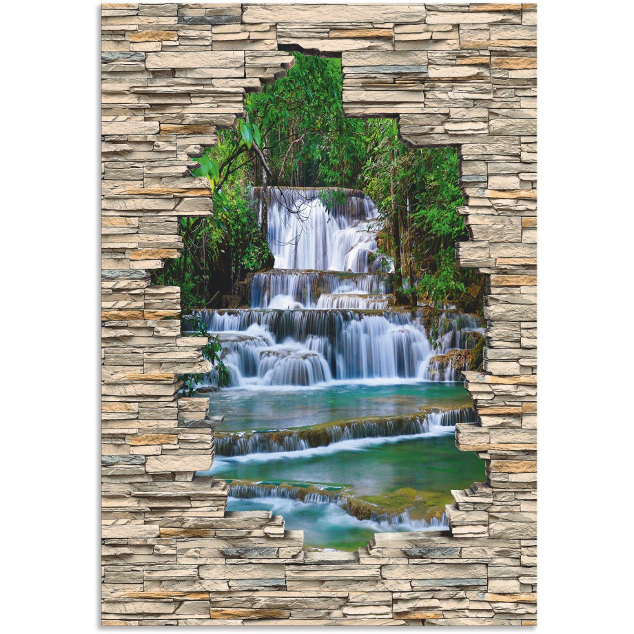 Artland Artprint Uitzicht op de diepe boswaterval met stenen muur als artprint van aluminium, artprint voor buiten, muursticker in diverse maten afbeelding 1