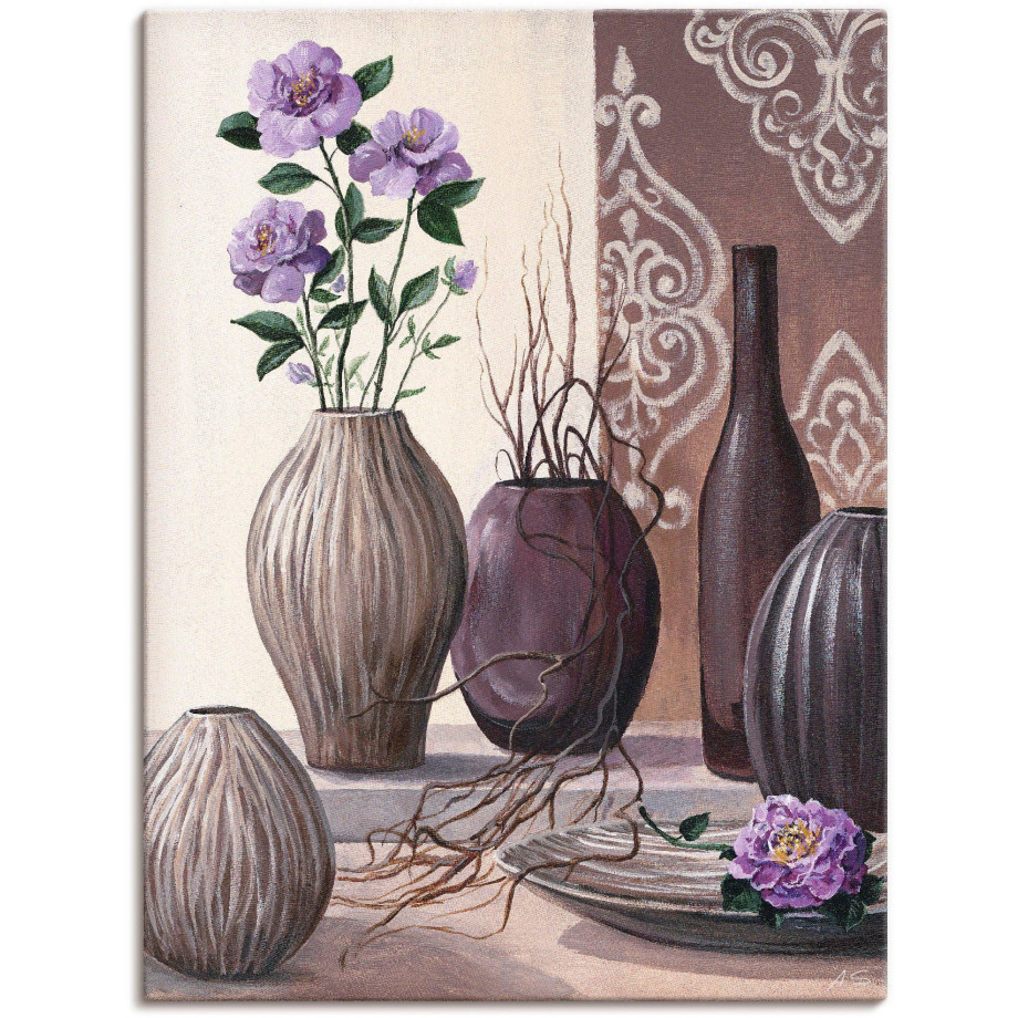 Artland Artprint Violette rozen en bruine vazen als artprint op linnen in verschillende maten afbeelding 1