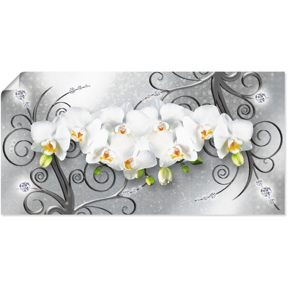 Artland Artprint Witte orchideeën op ornamenten als artprint van aluminium, artprint voor buiten, artprint op linnen, poster, muursticker afbeelding 1