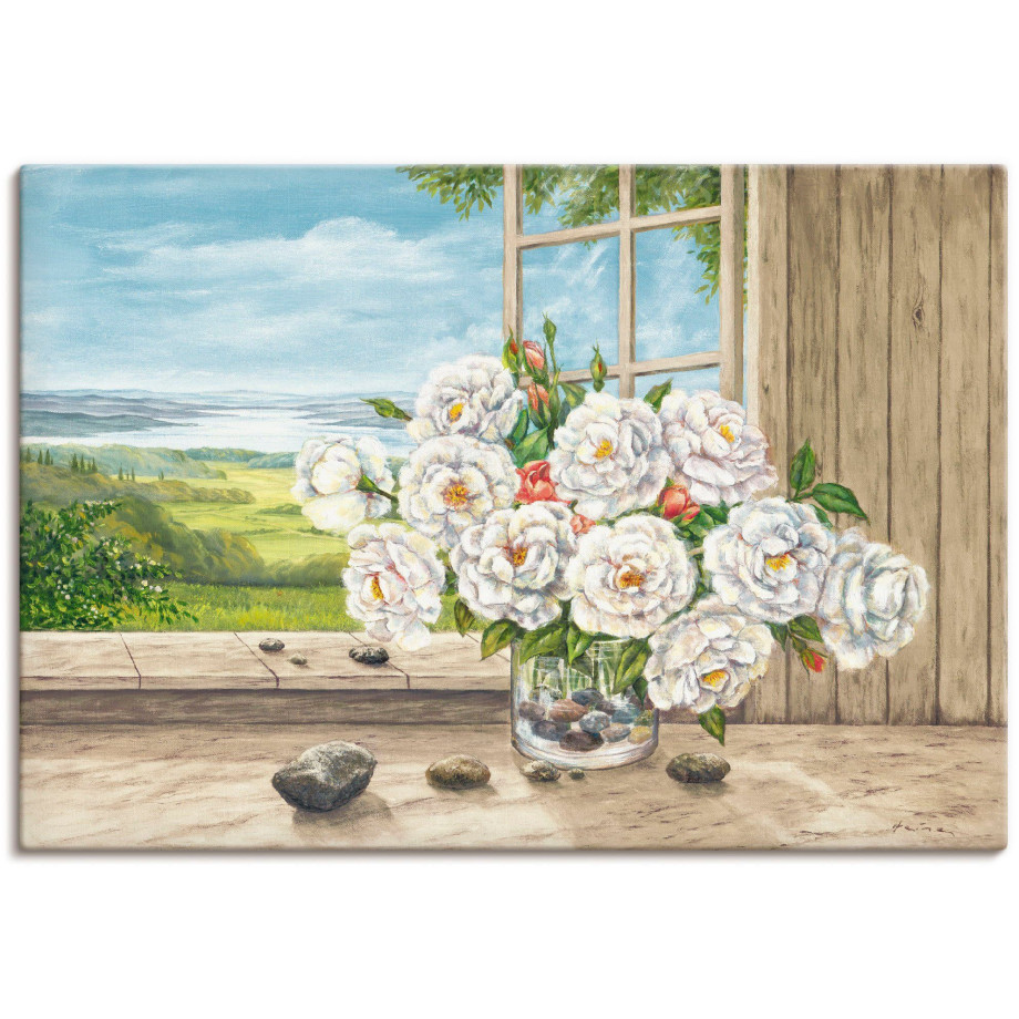 Artland Artprint Witte rozen bij het raam als artprint van aluminium, artprint op linnen, muursticker of poster in verschillende maten afbeelding 1