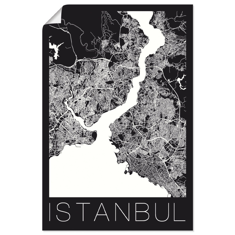 Artland Poster Retro kaart Istanbul zwart & wit als artprint van aluminium, artprint op linnen, muursticker of poster in verschillende maten afbeelding 1