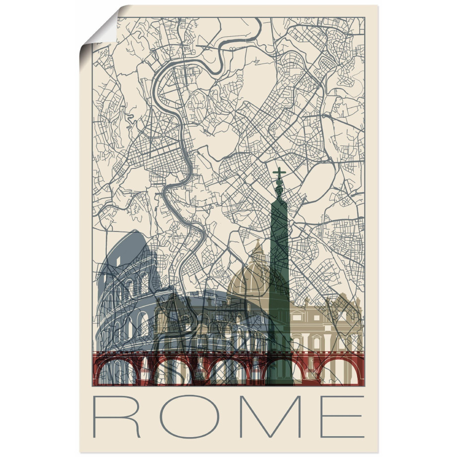 Artland Poster Retro kaart Rome Italië en skyline als artprint van aluminium, artprint op linnen, muursticker of poster in verschillende maten afbeelding 1