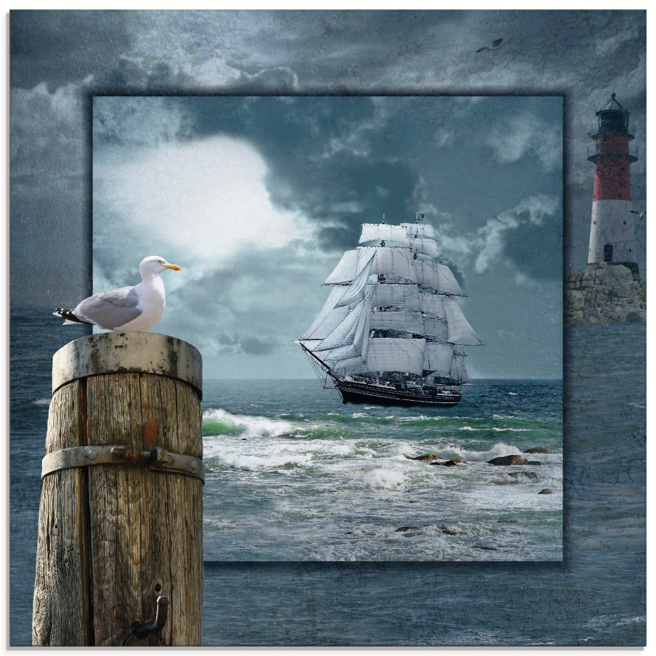 Artland Print op glas Maritieme collage met zeilschip afbeelding 1