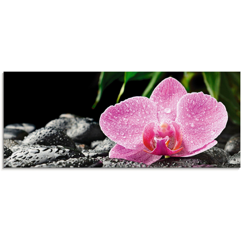 Artland Print op glas Roze orchidee op zwarte zen stenen afbeelding 1