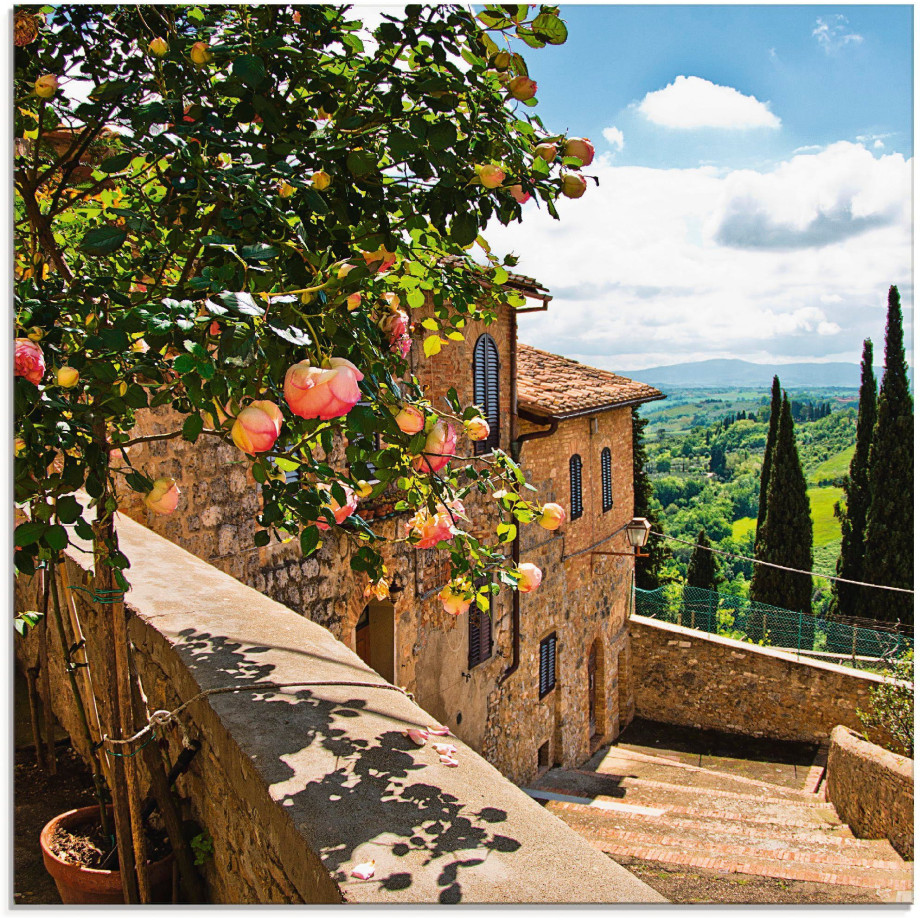 Artland Print op glas Rozen op balkon Toscaans landschap afbeelding 1