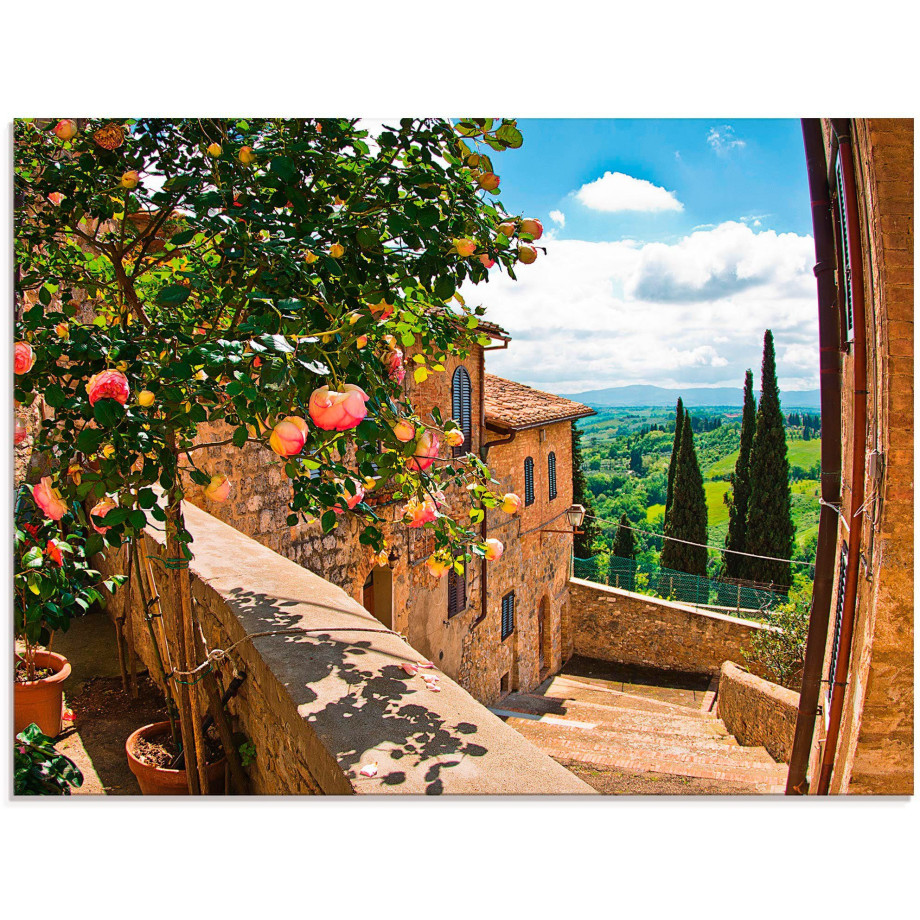 Artland Print op glas Rozen op balkon Toscaans landschap afbeelding 1
