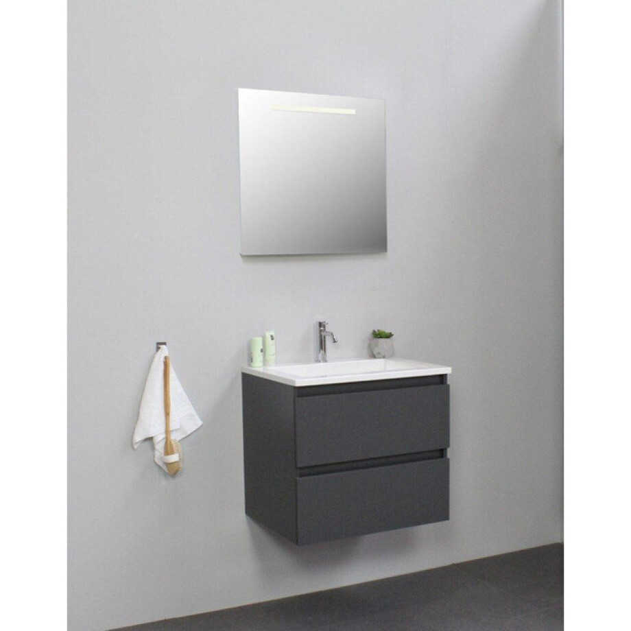 Basic Line Bella Badkamermeubelset - 60x55x46cm - 1 wasbak - Acryl - Wit - 1 kraangat - Wandspiegel met verlichting - Spaanplaat Antraciet mat SWFP60MAA1SPIL Basic Line Bella Badkamermeubelset - 60x55x46cm - 1 wasbak - Acryl - Wit - 1 kraangat - Wandspiegel met verlichting - Spaanplaat Antraciet mat SWFP60MAA1SPIL afbeelding 1