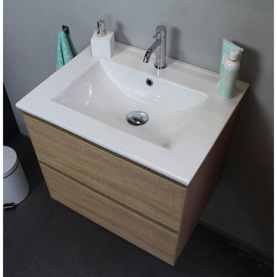 Basic Line Bella Badkamermeubelset - 60x55x46cm - 1 wasbak - Keramiek - Wit - 1 kraangat - Zonder spiegel - MDF Eiken SWGA60EIP1 afbeelding 1