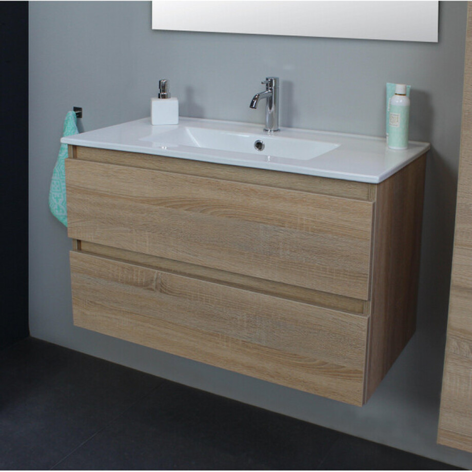 Basic Line Bella Badkamermeubelset - 80x55x46cm - 1 wasbak - Keramiek - Wit - 1 kraangat - Zonder spiegel - MDF Eiken SWGA80EIP1 Basic Line Bella Badkamermeubelset - 80x55x46cm - 1 wasbak - Keramiek - Wit - 1 kraangat - Zonder spiegel - MDF Eiken SWGA80EIP1 afbeelding 1