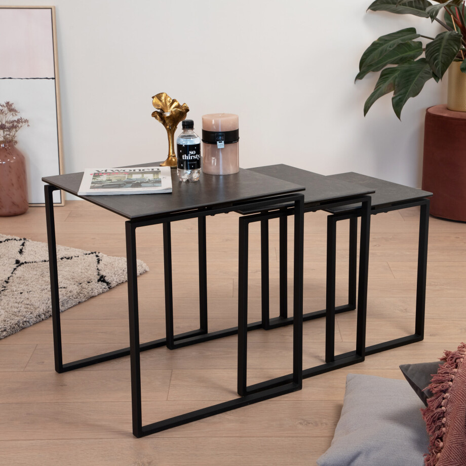 Sohome Bijzettafel 'Parker' Keramiek, Set van 3 stuks, kleur Zwart Sohome Bijzettafel 'Parker' Keramiek, Set van 3 stuks, kleur Zwart afbeelding 1