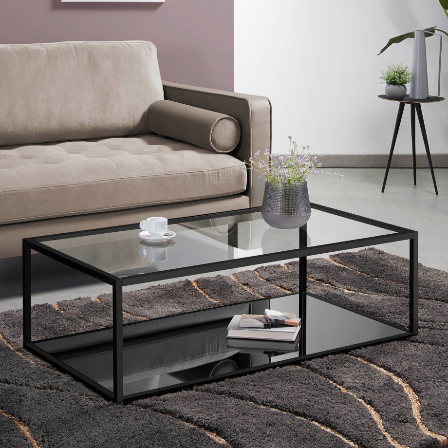Kave Home Salontafel 'Blackhill' Glas met zwart frame, 110 x 60cm Kave Home Salontafel 'Blackhill' Glas met zwart frame, 110 x 60cm afbeelding