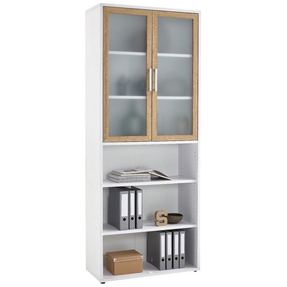 Boekenkast Calvia 12 van 222 cm hoog in wit met oud eiken Boekenkast Calvia 12 van 222 cm hoog in wit met oud eiken afbeelding 1