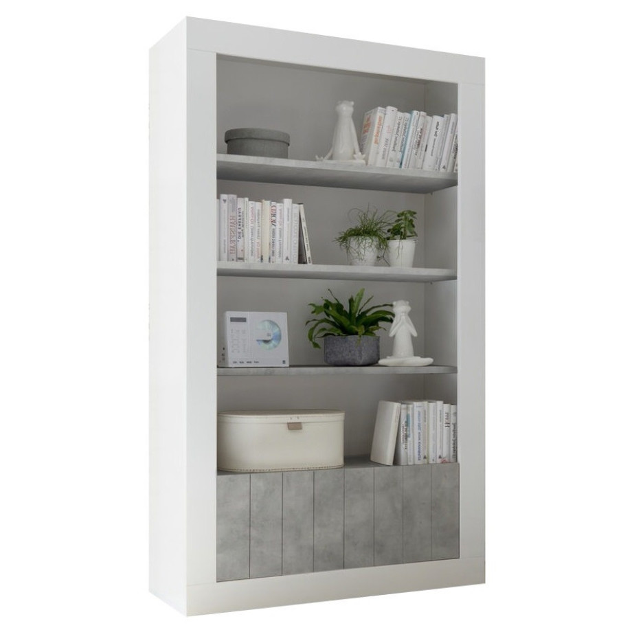 boekenkast Urbino 190 cm hoog in hoogglans wit met grijs beton afbeelding 1