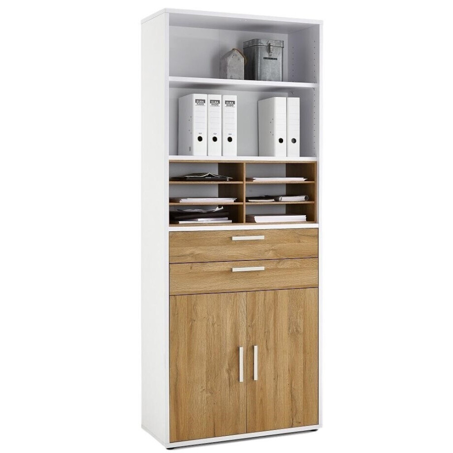 Boekenkast Calvia 222 cm hoog wit met oud eiken Boekenkast Calvia 222 cm hoog wit met oud eiken afbeelding 1