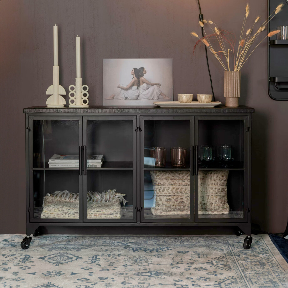 ZILT Industrieel Dressoir 'Bony' Op wieltjes, Metaaal en glas, 120cm, kleur zwart afbeelding 