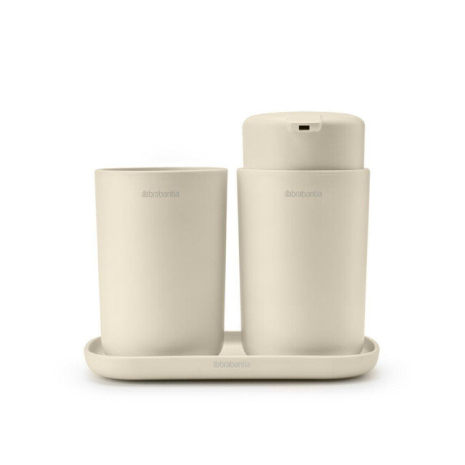 Brabantia ReNew Badkameraccessoires - set van 3 - Zeeppomp - Tandenborstelhouder - Schaal - soft beige 223402 afbeelding 1