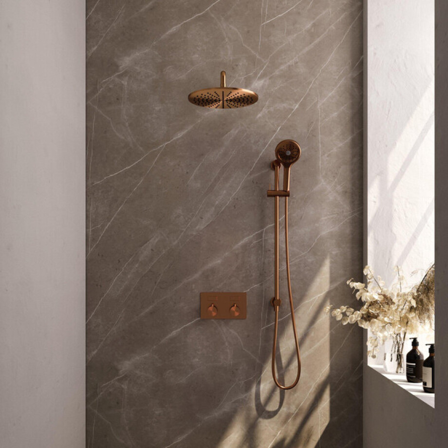 BRAUER Copper Edition Thermostatische Regendouche inbouw - drukknoppen - SET 70 - 30cm hoofddouche - gebogen muurarm - 3 standen handdouche - doucheslang - geïntegreerde glijstang - koper geborsteld PVD 5-GK-181 BRAUER Copper Edition Thermostatische Regendouche inbouw - drukknoppen - SET 70 - 30cm hoofddouche - gebogen muurarm - 3 standen handdouche - doucheslang - geïntegreerde glijstang - koper geborsteld PVD 5-GK-181 afbeelding 1