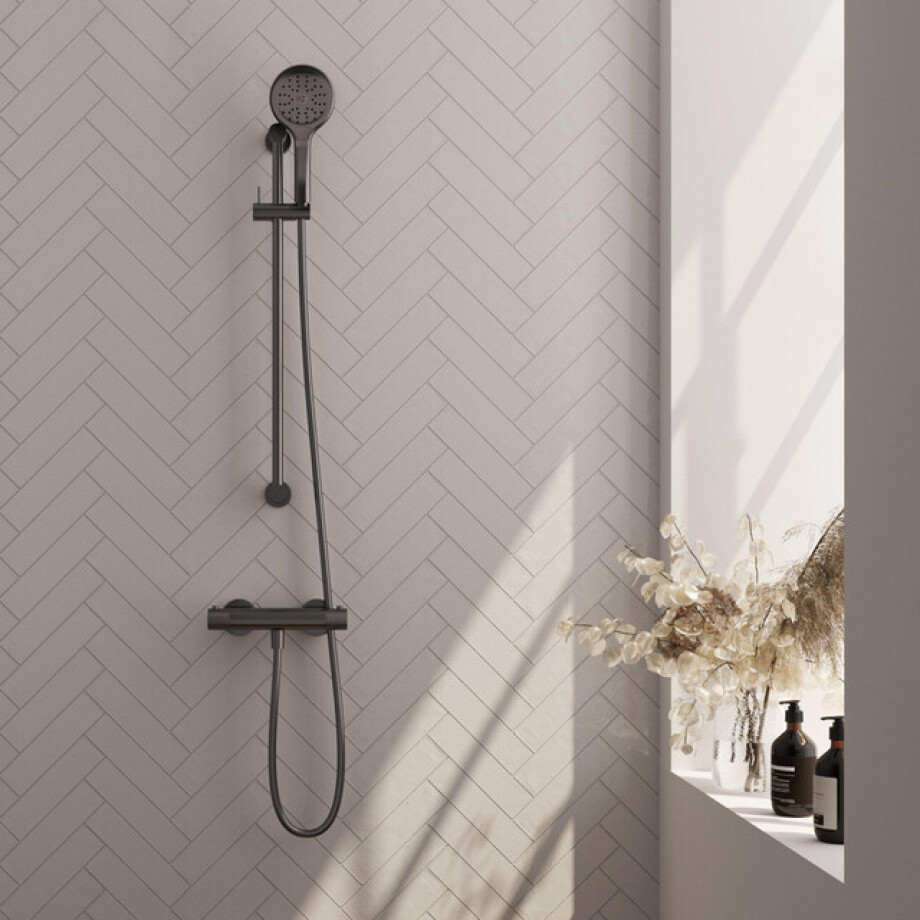 Brauer Gunmetal Carving Douchekraan opbouw - glijstang - 1 functie - 2 carving knoppen - handdouche rond 3 standen - PVD - geborsteld gunmetal 5-GM-250 afbeelding 1