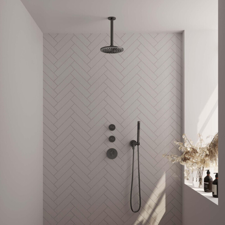 Brauer Gunmetal Carving Regendoucheset inbouw - hoofddouche 20cm - plafondarm 20cm - 3 carving knoppen - handdouche staaf 1 stand - PVD - geborsteld gunmetal 5-GM-101 afbeelding 1