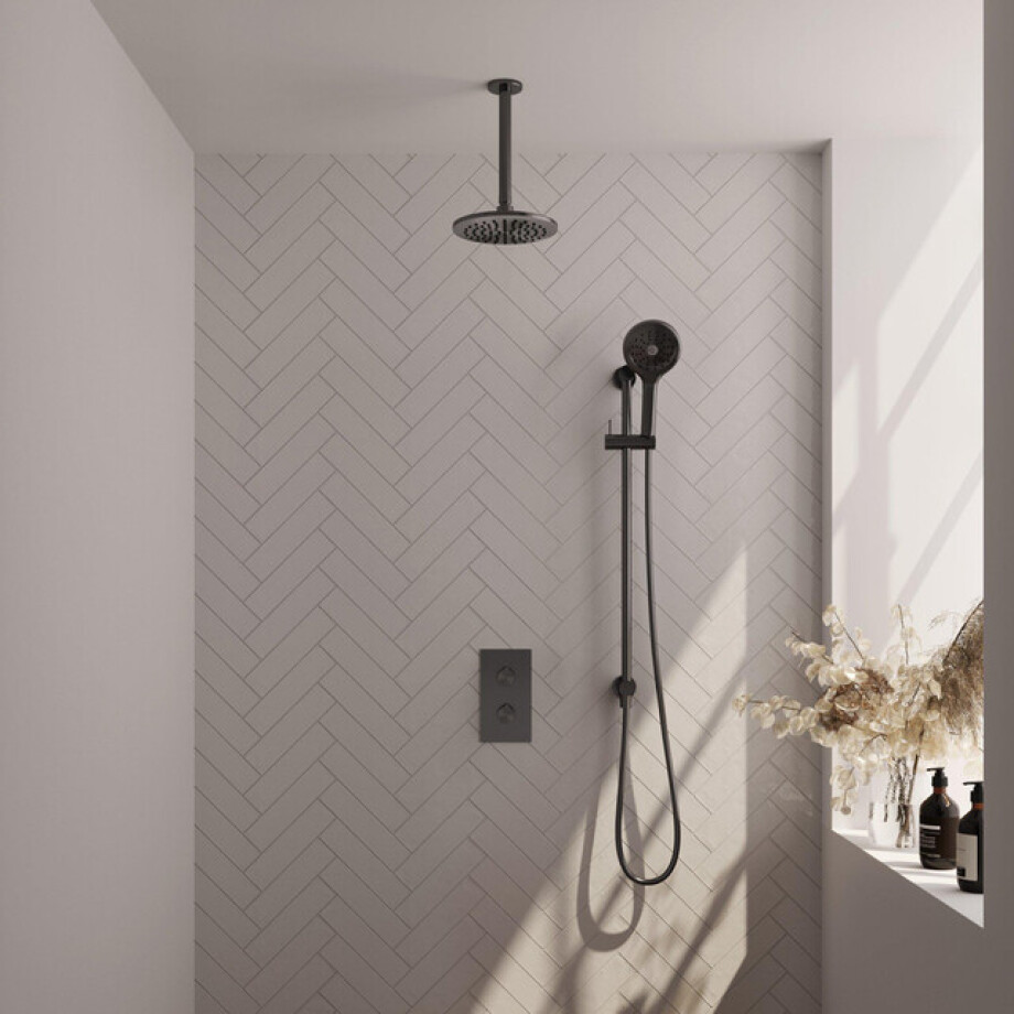 Brauer Gunmetal Edition Regendoucheset inbouw - hoofddouche 20cm - plafondarm 20cm - 2 functies - glijstang - inclusief inbouwdeel - handdouche Rond 3 standen - PVD - geborsteld gunmetal 5-GM-072 afbeelding 1