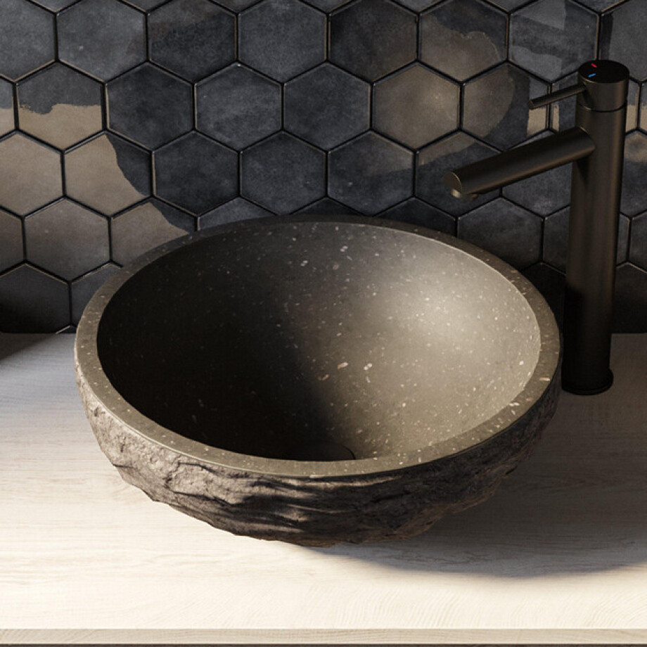 BRAUER Molten waskom - 42 - rond - hamerslag - natuursteen - basalt antraciet WK-ML42ROHAN afbeelding 1