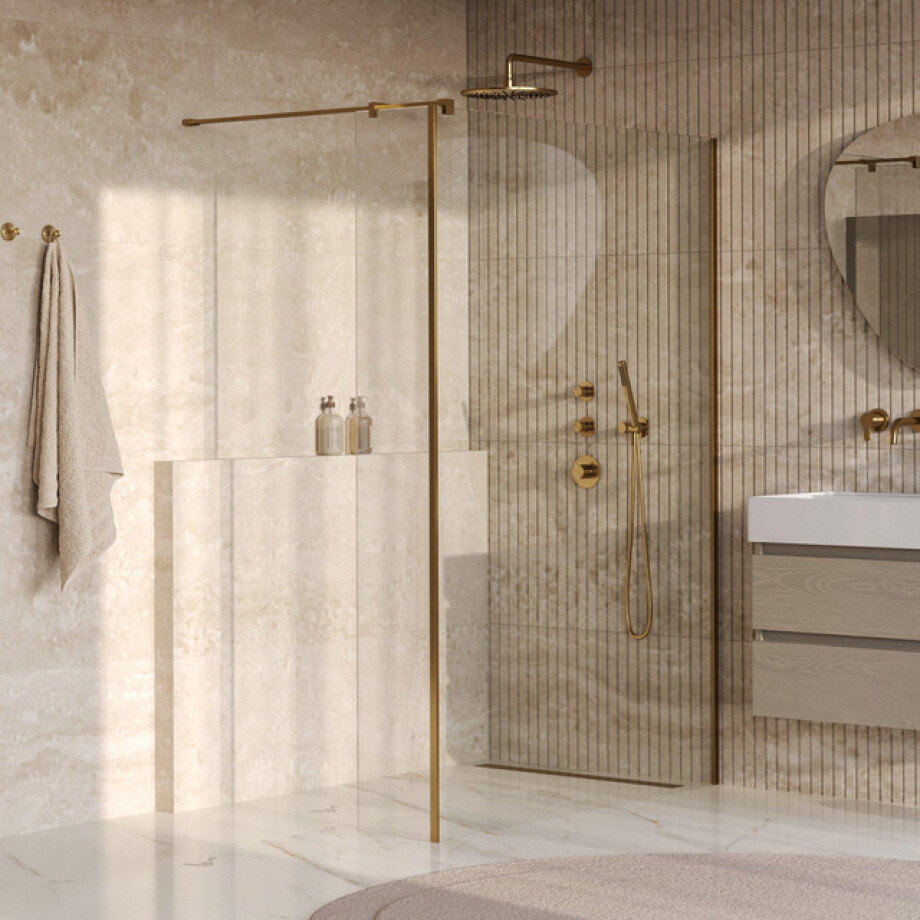 BRAUER Oblivion Inloopdouche - 140x200cm - 30cm zijwand - glascoating - helder glas - geborsteld goud PVD GS-OBI2H14030200GG afbeelding 1