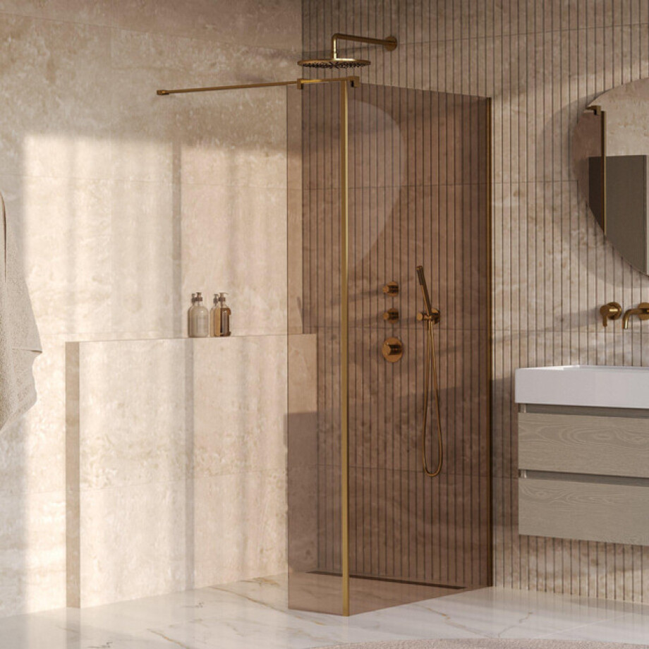 BRAUER Oblivion Inloopdouche - 90x200cm - 30 cm zijwand - glascoating - brons glas - geborsteld goud PVD GS-OBI2B9030200GG afbeelding 1