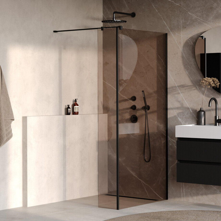 BRAUER Oblivion Inloopdouche - 90x200cm - 30 cm zijwand - glascoating - brons glas - mat zwart GS-OBI2B9030200MZ afbeelding 1