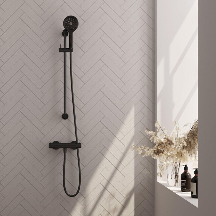BRAUER Stripe Opbouw Douche Thermostaatkraan - SET 02 - glijstang - 3-standen handdouche - doucheslang - mat zwart 5-S-346 BRAUER Stripe Opbouw Douche Thermostaatkraan - SET 02 - glijstang - 3-standen handdouche - doucheslang - mat zwart 5-S-346 afbeelding 1