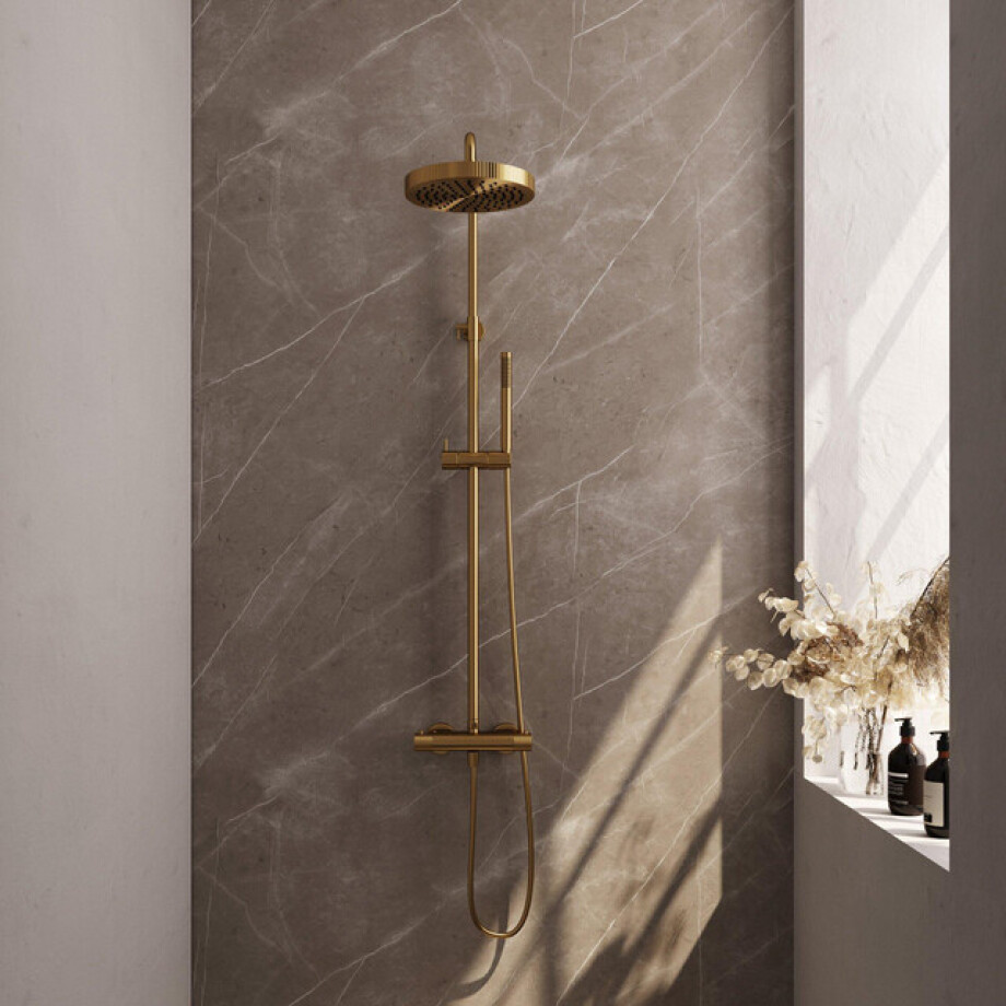 BRAUER Stripe Opbouw Thermostatische Regendouche - SET 01 - 25cm hoofddouche - staaf handdouche - doucheslang - goud geborsteld PVD 5-GG-348 BRAUER Stripe Opbouw Thermostatische Regendouche - SET 01 - 25cm hoofddouche - staaf handdouche - doucheslang - goud geborsteld PVD 5-GG-348 afbeelding 1