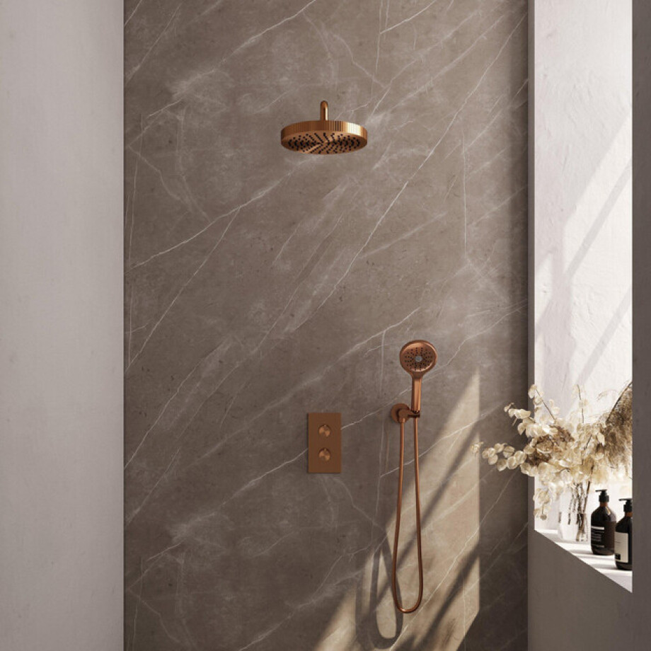 BRAUER Stripe Thermostatische Inbouw Regendouche - 3-weg - rechthoekig - 25cm douchekop - gebogen muurarm - 3-standen handdouche - doucheslang - wandaansluitbocht - koper geborsteld PVD 5-GK-397 afbeelding 1