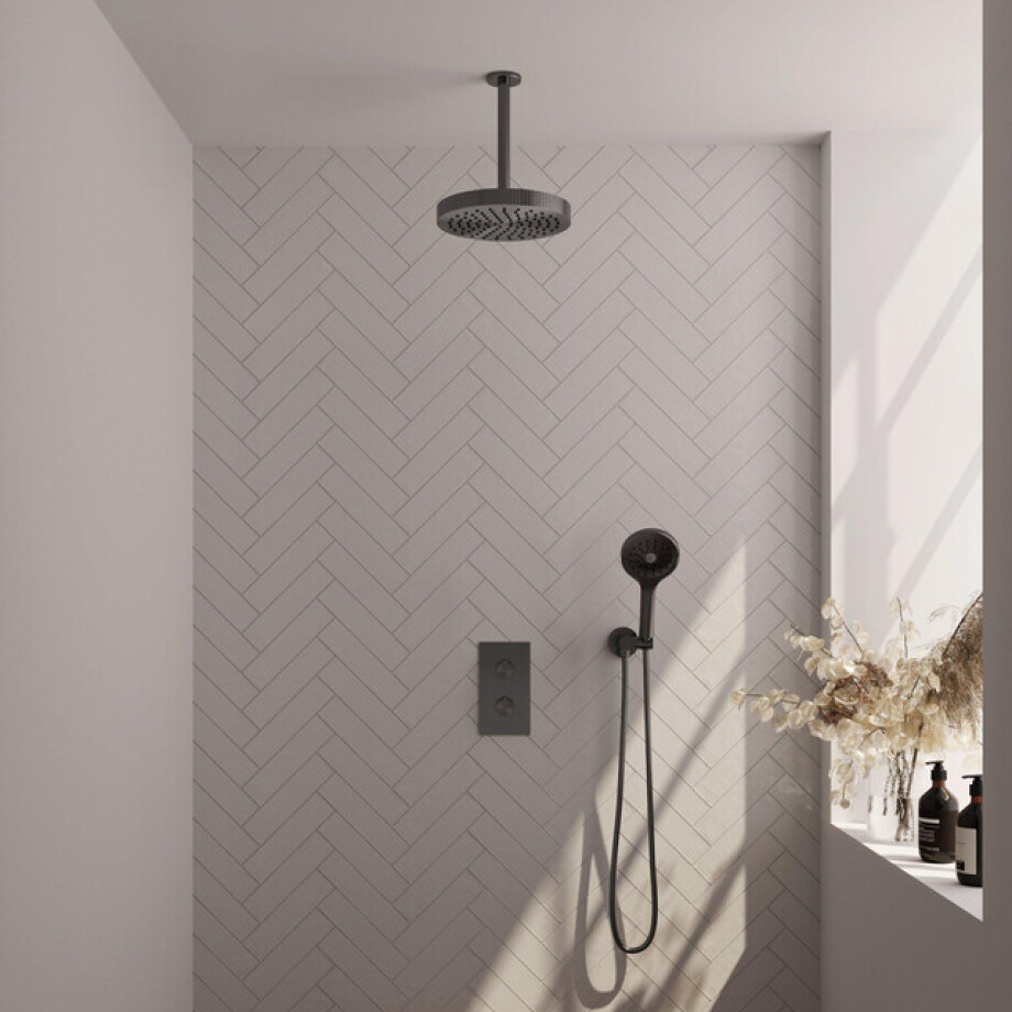 BRAUER Stripe Thermostatische Inbouw Regendouche - 3-weg - rechthoekig - 25cm douchekop - plafondarm - 3-standen handdouche - doucheslang - wandaansluitbocht - gunmetal geborsteld PVD 5-GM-399 afbeelding 1