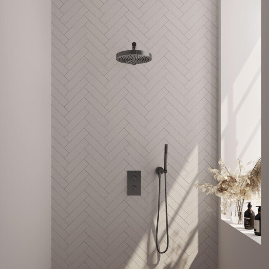 BRAUER Stripe Thermostatische Inbouw Regendouche - 3-weg - rechthoekig - 25cm douchekop - rechte muurarm - staaf handdouche - doucheslang - wandaansluitbocht - gunmetal geborsteld PVD 5-GM-389 afbeelding 1