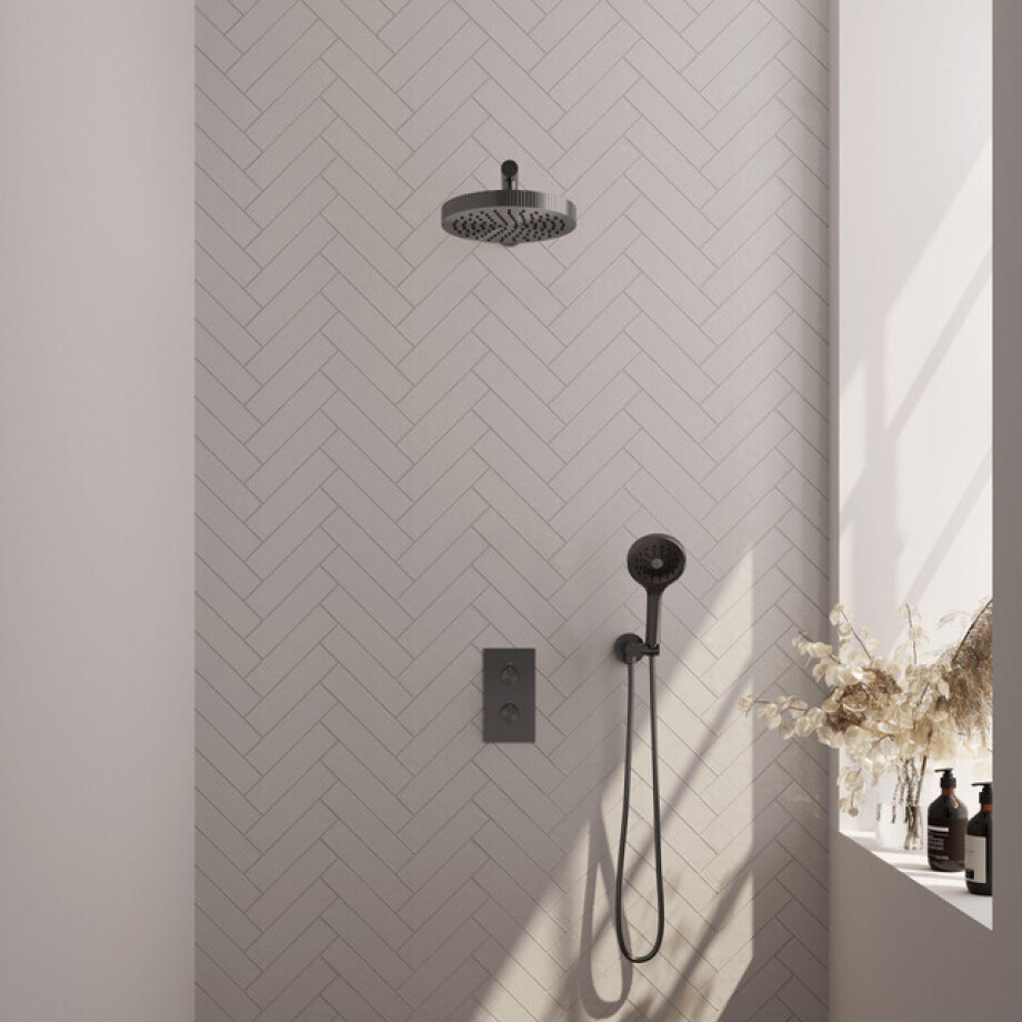 BRAUER Stripe Thermostatische Inbouw Regendouche - 3-weg - rechthoekig - 25cm douchekop - rechte muurarm - 3-standen handdouche - doucheslang - wandaansluitbocht - gunmetal geborsteld PVD 5-GM-395 afbeelding 1