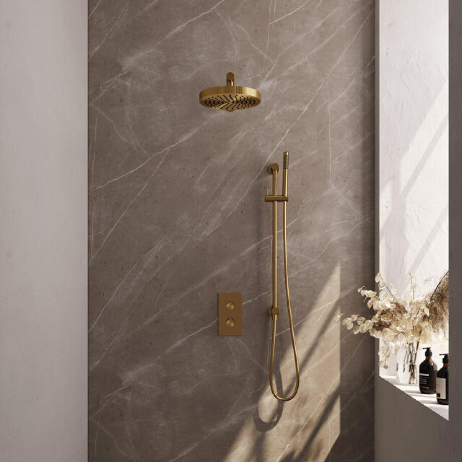 BRAUER Stripe Thermostatische Inbouw Regendouche - 3-weg - rechthoekig - 25cm douchekop - rechte muurarm - staaf handdouche - doucheslang - geïntegreerde glijstang - goud geborsteld PVD 5-GG-401 afbeelding 1