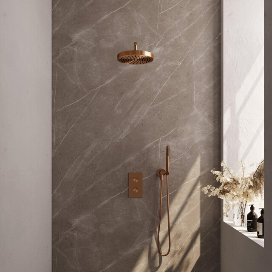 BRAUER Stripe Thermostatische Inbouw Regendouche - 3-weg - rechthoekig - SET 14 - 25cm douchekop - gebogen muurarm - staaf handdouche - doucheslang - wandaansluitbocht - koper geborsteld PVD 5-GK-391 BRAUER Stripe Thermostatische Inbouw Regendouche - 3-weg - rechthoekig - SET 14 - 25cm douchekop - gebogen muurarm - staaf handdouche - doucheslang - wandaansluitbocht - koper geborsteld PVD 5-GK-391 afbeelding 1